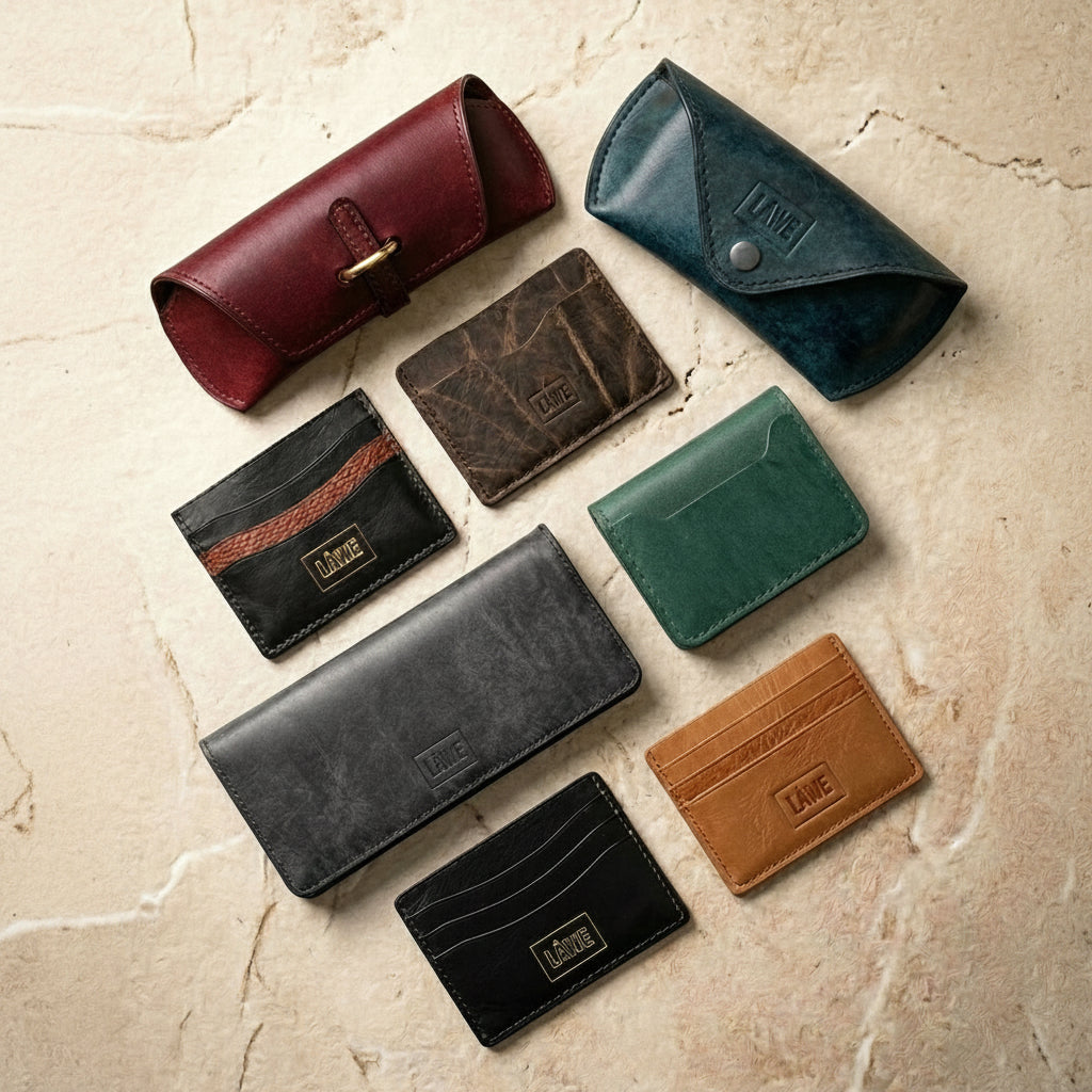 Full-grain leather pieces arranged for the LÅWE leather buying guide