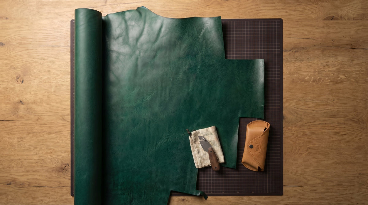 LÅWE workbench with full-grain leather hides and hand tools