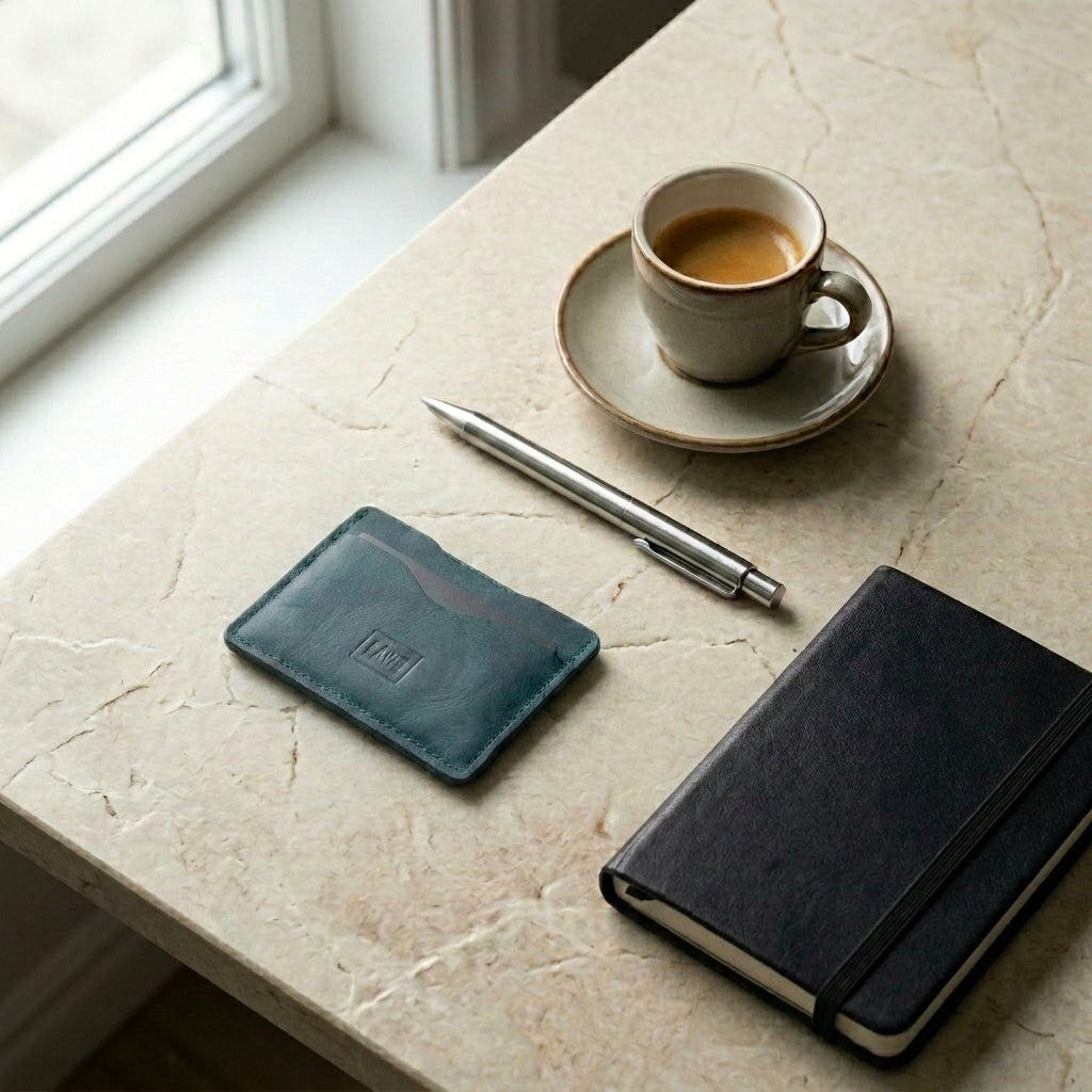 LÅWE Aegean Radius, cup of coffee on a saucer with a pen and a notebook on a marble surface.