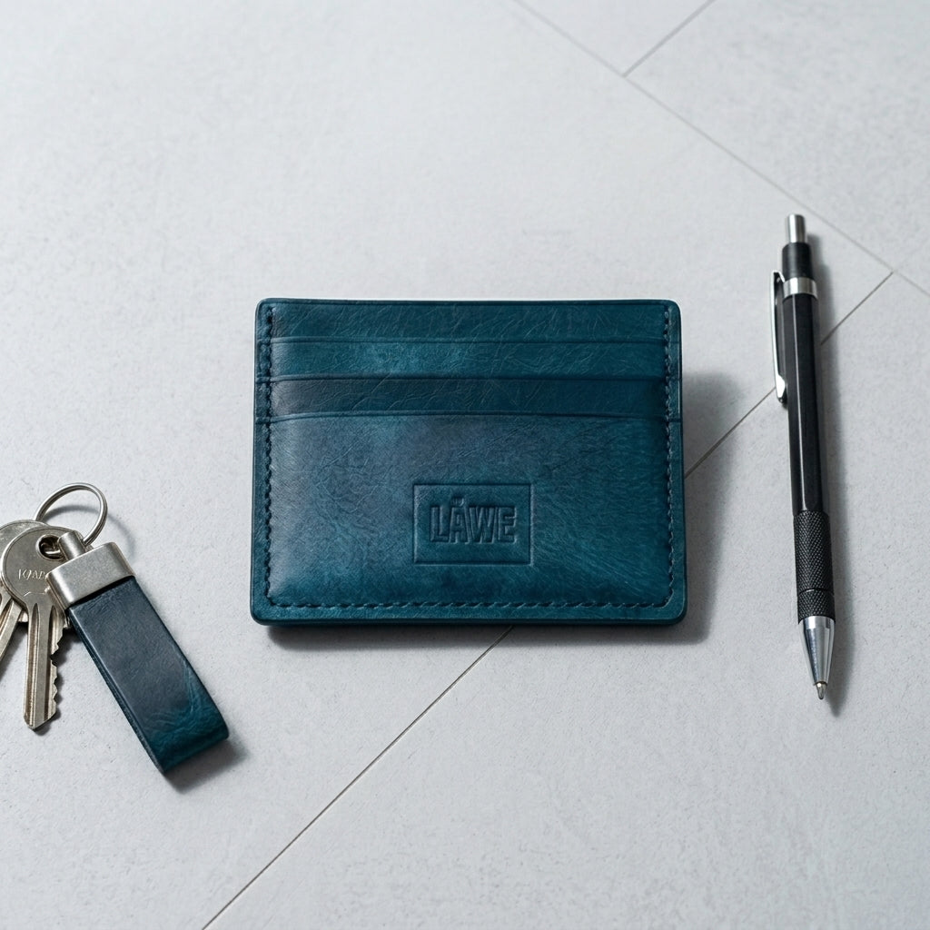 Blue leather card holder with keys and pen on a light gray surface