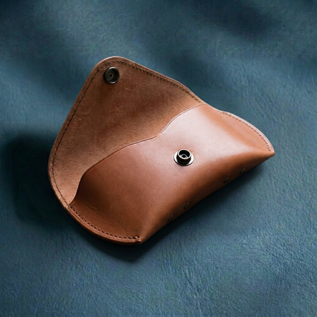 Brown leather pouch with metal grommets on a textured blue background