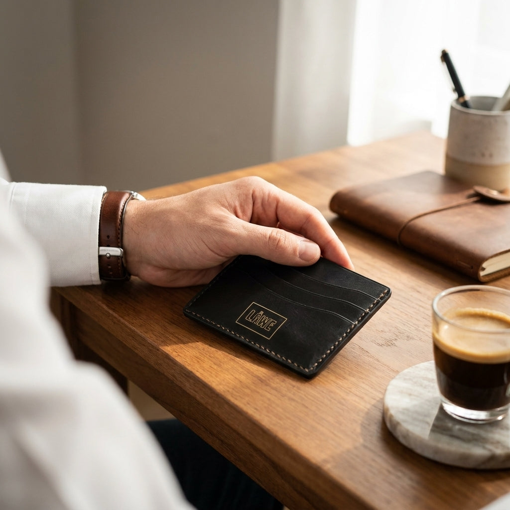 Person holding the LÅWE onyx leather wallet  with left hand on a wooden desk with a cup of coffee and notebook.