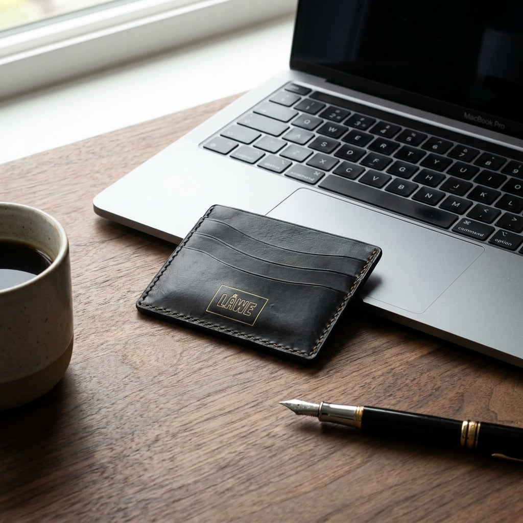 Laptop, LÅWE Axis left handed onyx leather cardholder, and fountain pen on a wooden desk with a coffee cup.