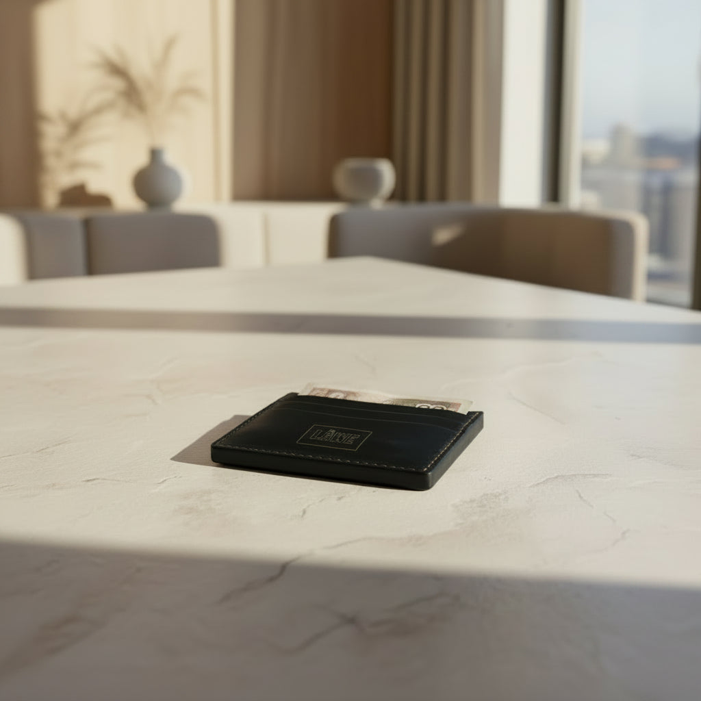 LÅWE Axis left handed onyx leather cardholder with LÅWE branding on a light stone surface