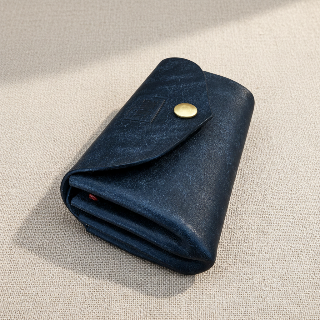 A dark navy blue textured leather LÅWE Envelope Wallet with a gold snap button, resting on an off-white fabric surface.