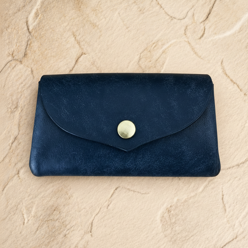 A dark navy blue textured leather wallet with a flap closure and a gold snap button, featuring an embossed 'LÅWE' logo, displayed on a beige stone surface.