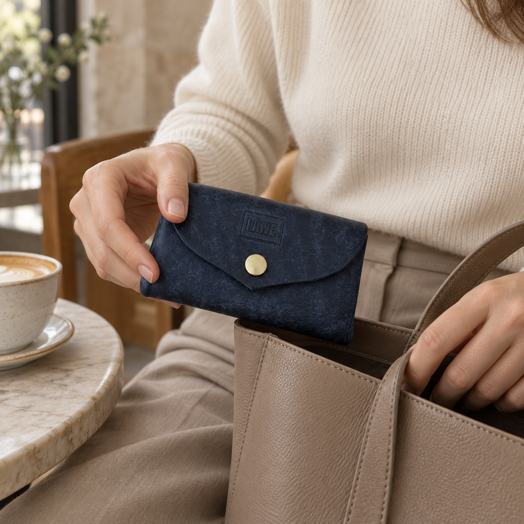 A navy blue textured wallet with a gold snap button and 'LÅWE' logo, held by a person sitting in a cafe next to a coffee cup and a beige tote bag.