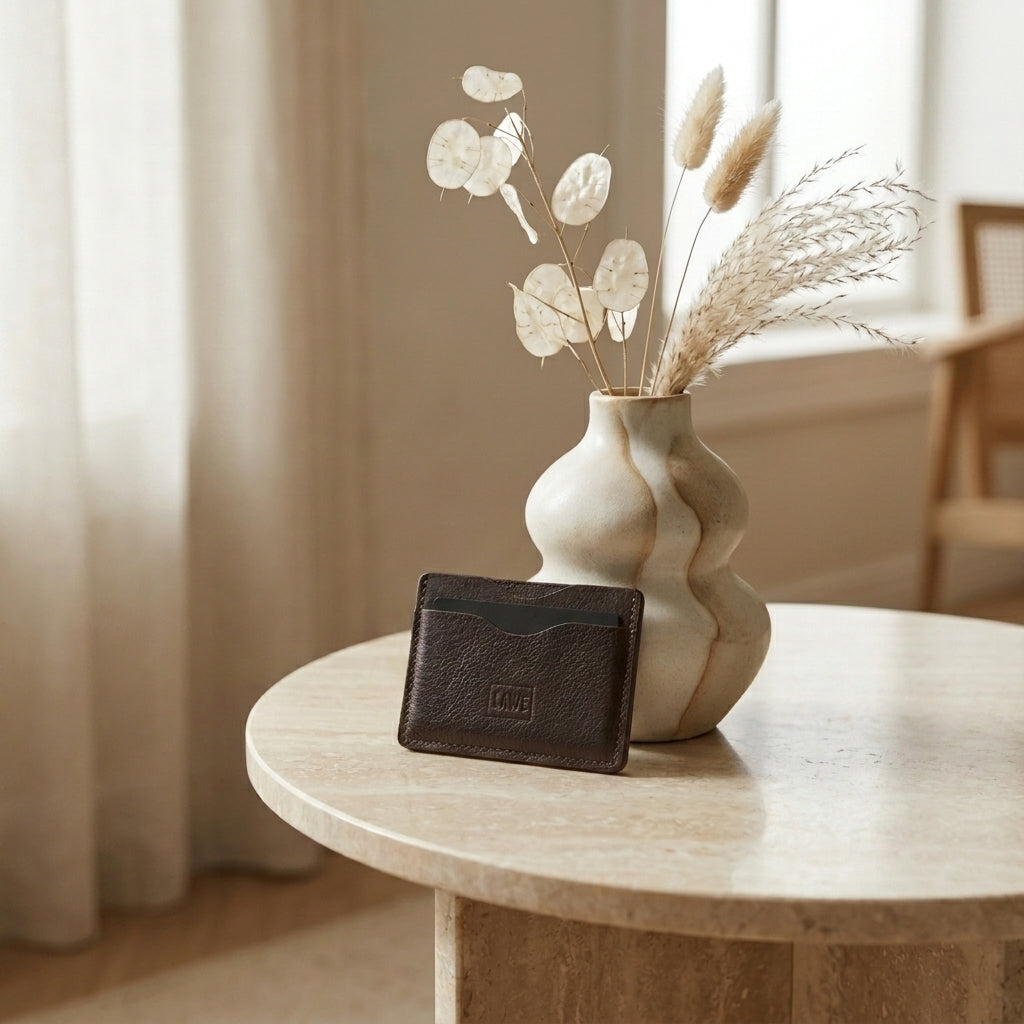 
LÅWE Espresso Radius on a white vase with dried plants on a marble table indoors