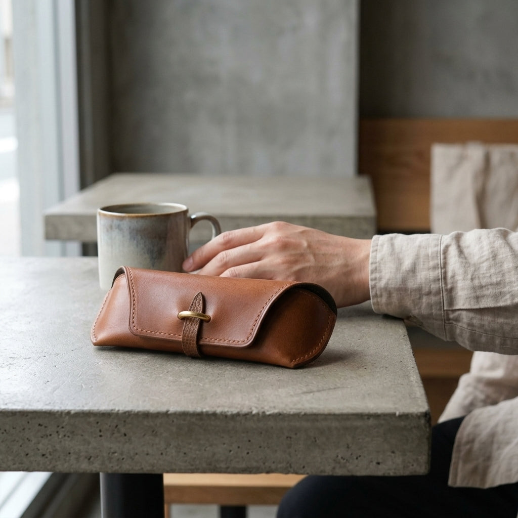 Person holding a brown leather eyewear case on a concrete surface with a blurred background