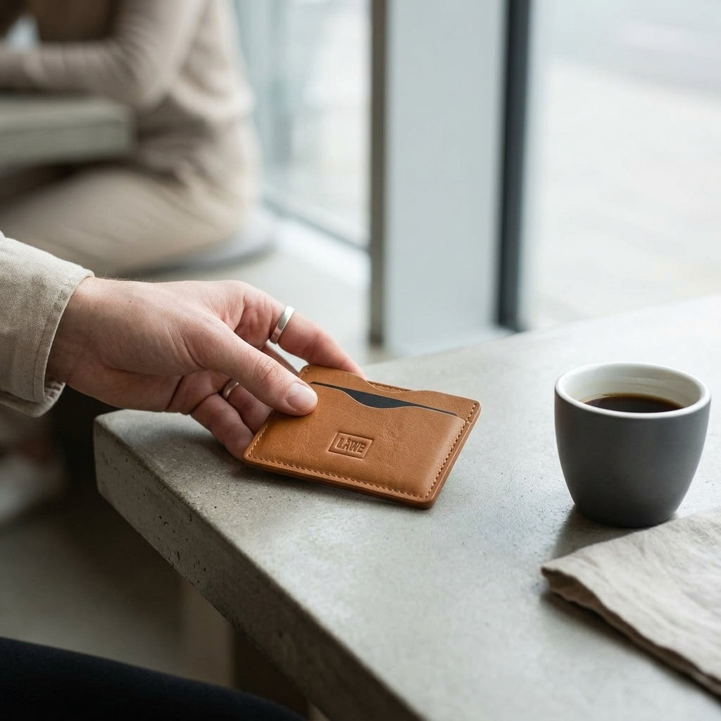 Person holding a light brown leather wallet next to a cup of coffee on a table.