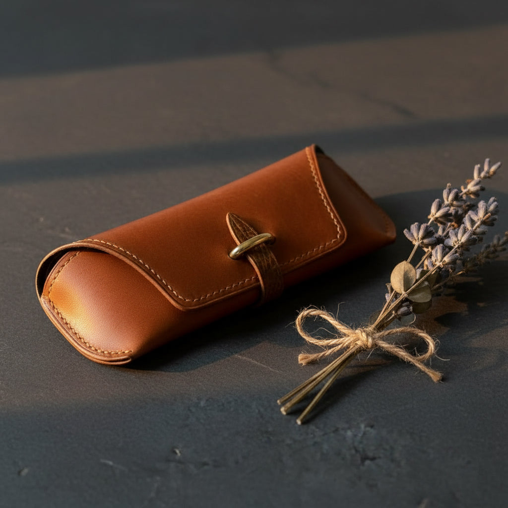 Brown leather eyewear case with a gold clasp on a gray surface next to a flower arrangement