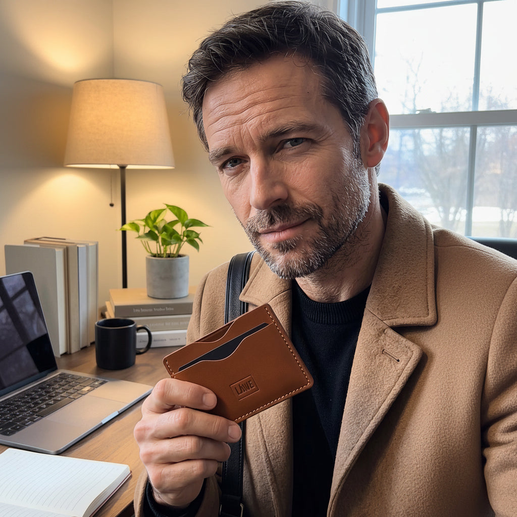 Man holding the LÅWE Radius brown leather wallet in an office setting