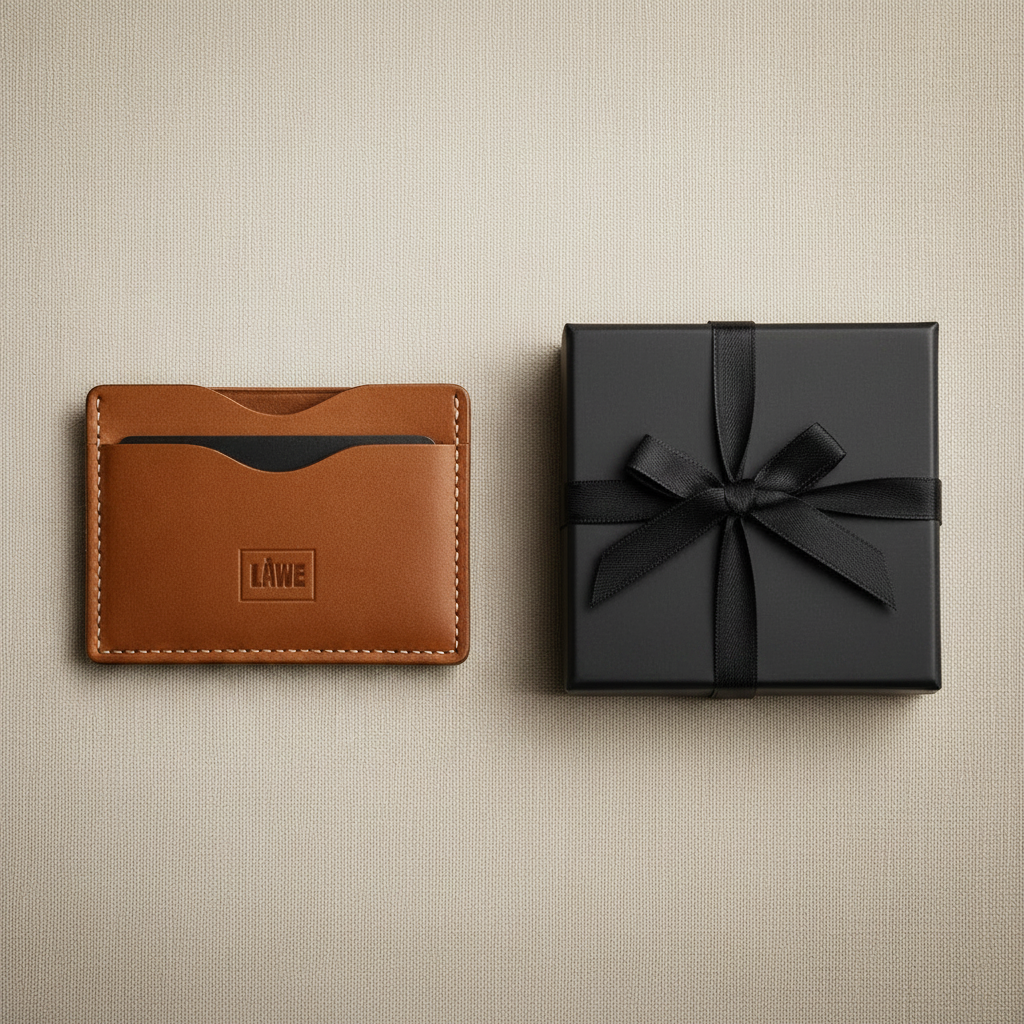 Brown leather cardholder with 'LÅWE' branding next to a black gift box on a beige textured background
