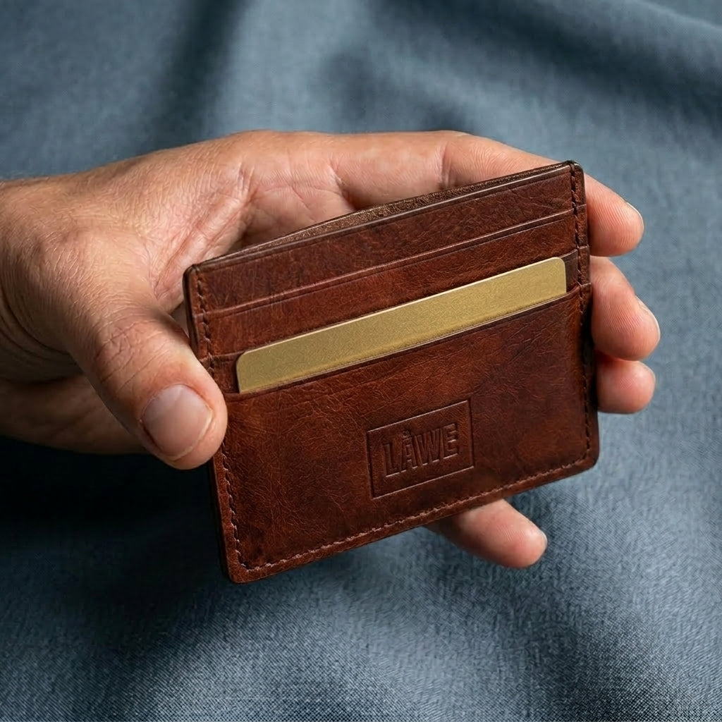 Brown leather cardholder with gold card inserted held by a hand against a blue fabric background
