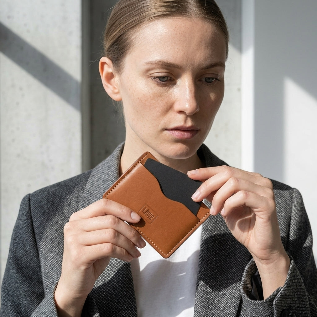 Woman holding a brown leather cardholder with 'LÅWE' branding.