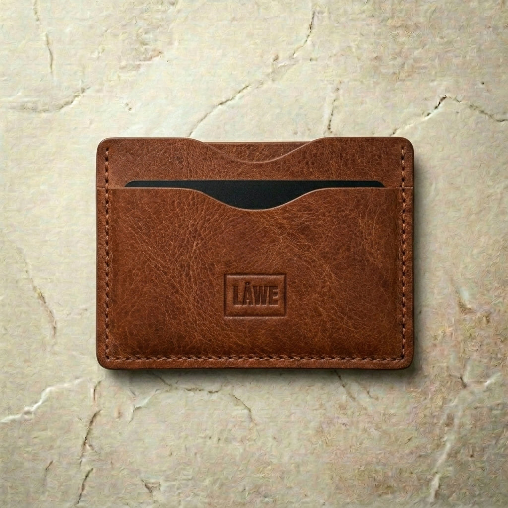 Brown leather cardholder with 'LÅWE' branding on a beige marble background