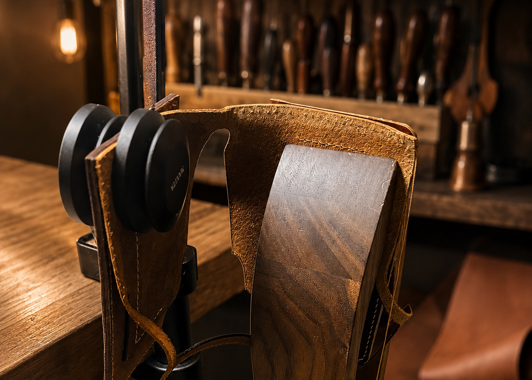 A close-up of a wooden crafting tool or accessory mounted on a black clamp attached to a wooden workbench, with a leatherworking or woodworking workshop visible in the softly lit background.