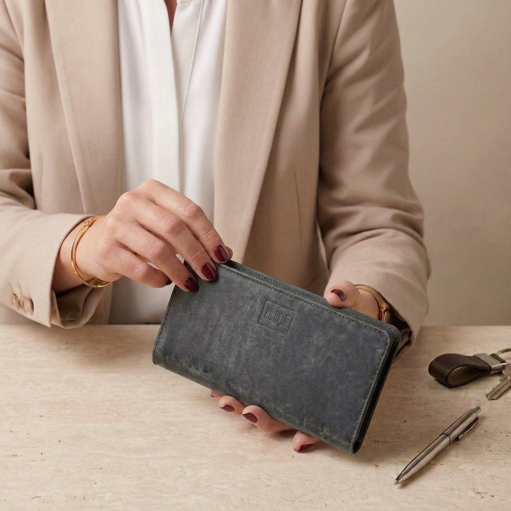 Person holding a dark gray LÅWE Span long wallet on a neutral background