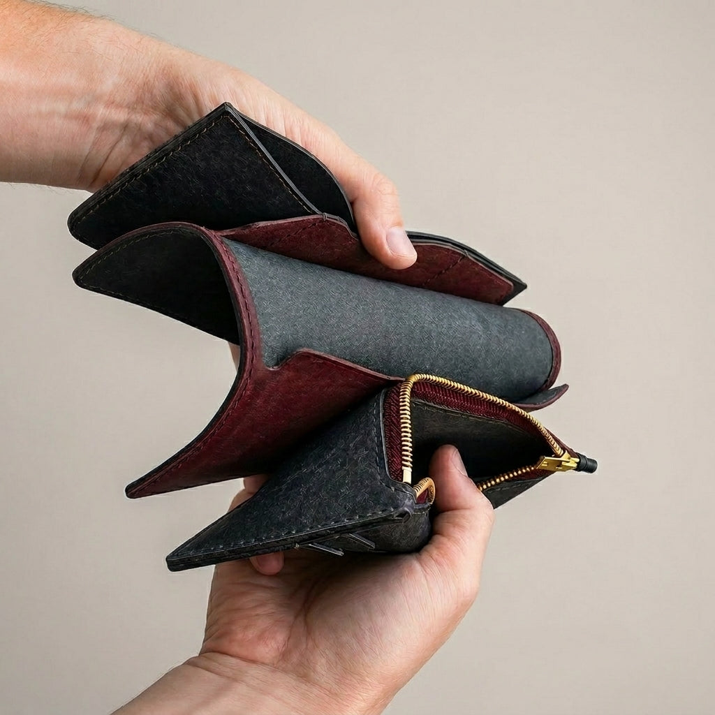 Hand holding expanded LÅWE leather wallet 