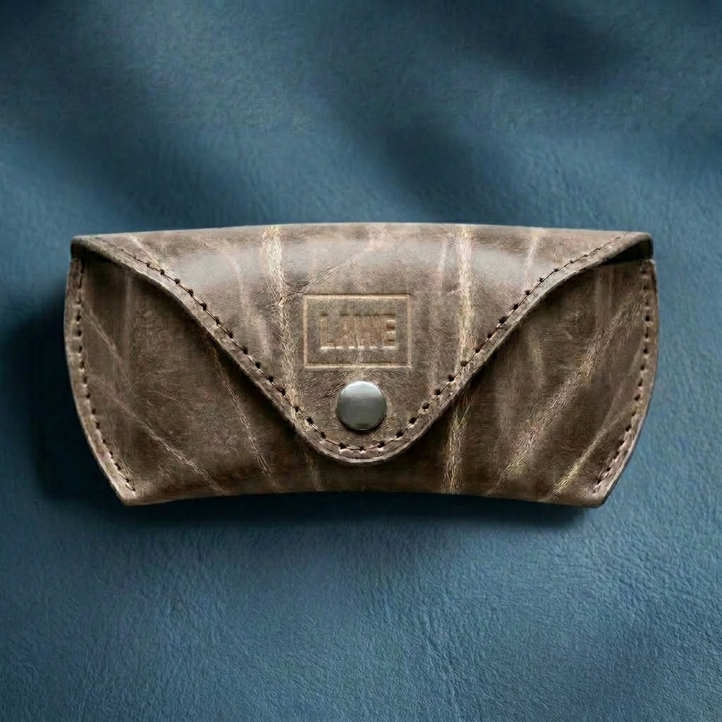 Olive grey leather eyewear case with a metal button on a blue background