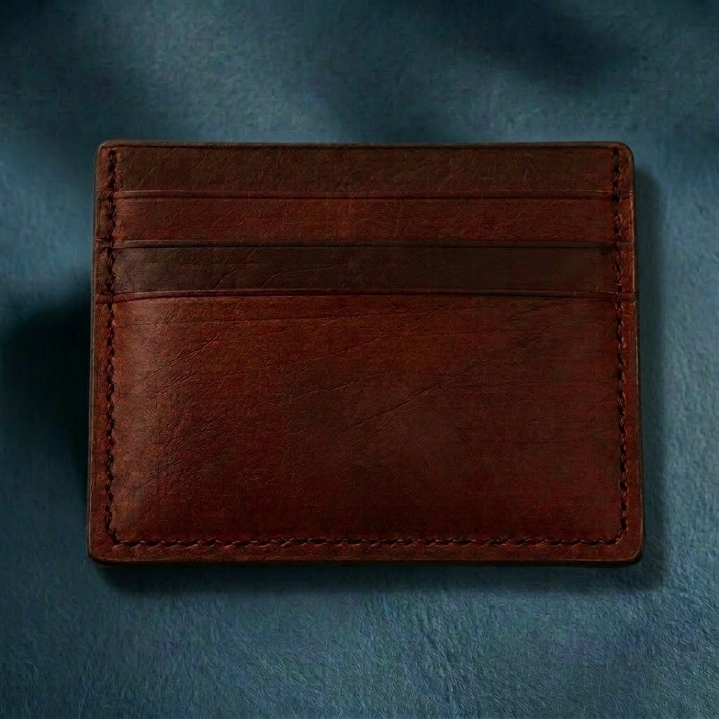 Brown leather cardholder on a textured blue background
