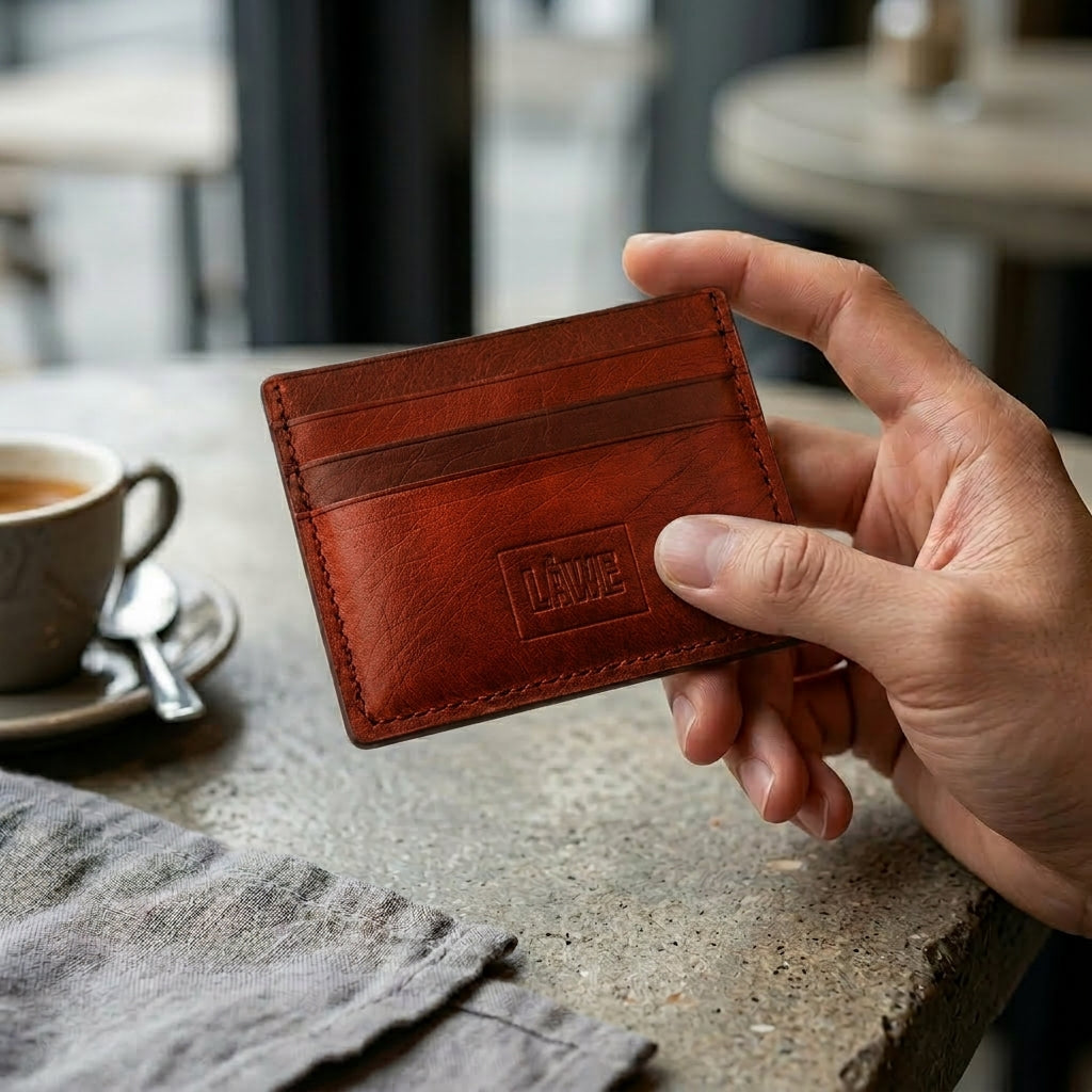 Hand holding a brown leather cardholder with 'LÅWE' branding in a blurred cafe setting.