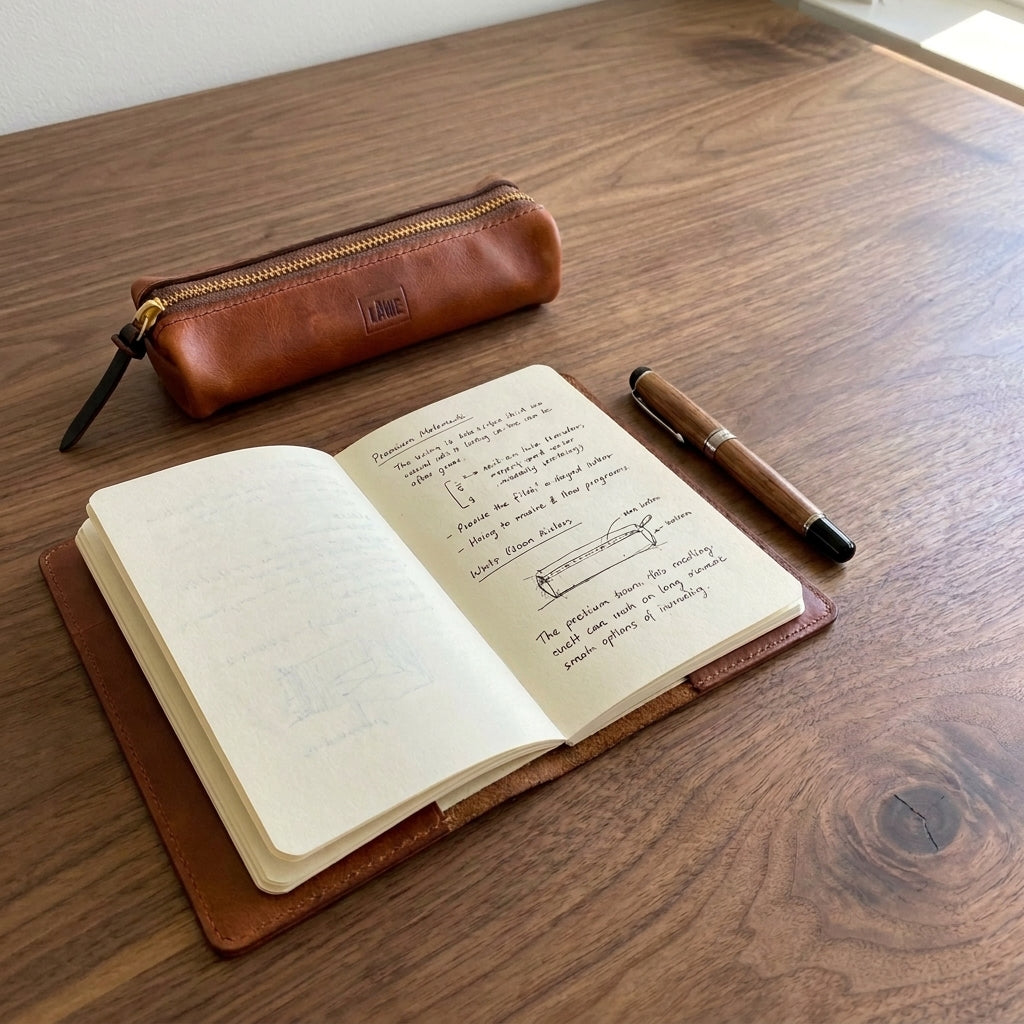 LÅWE Trace leather pen case next to an open leather notebook on a wooden desk with handwritten notes and a wooden pen.