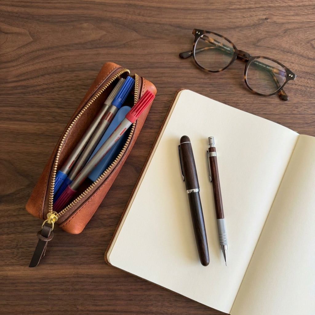 A brown leather zip pouch filled with pens and pencils lies open on a wooden desk beside an open notebook with two pens and a pair of eyeglasses.