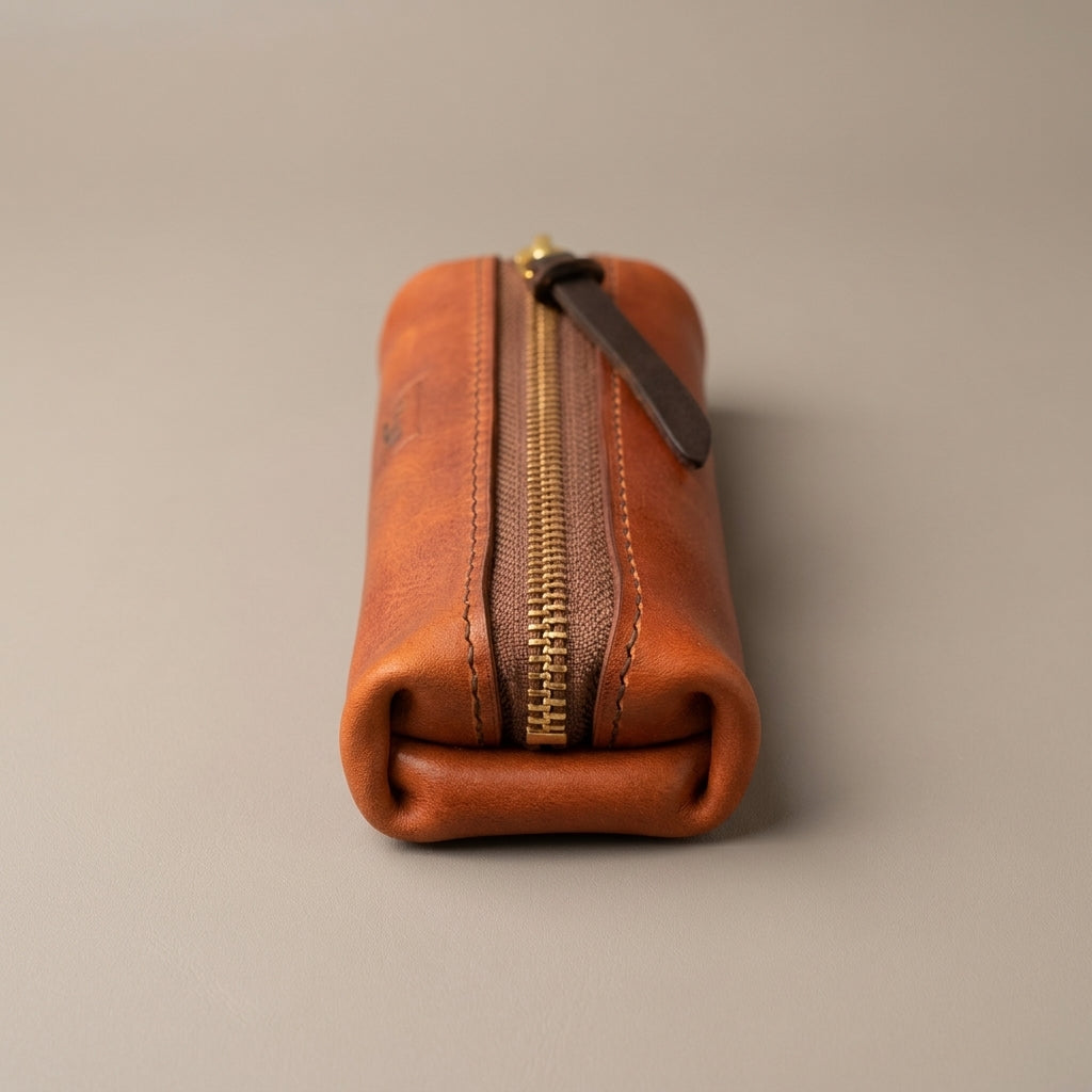 LÅWE Trace leather pouch with a gold zipper and a dark brown leather pull tab, shown on a neutral gray background.