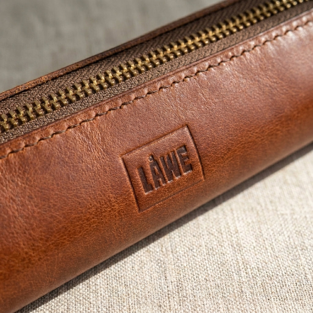 Close-up of a brown leather zip pouch with a brass zipper and an embossed square logo reading 'LÅWE' on a textured beige fabric background.