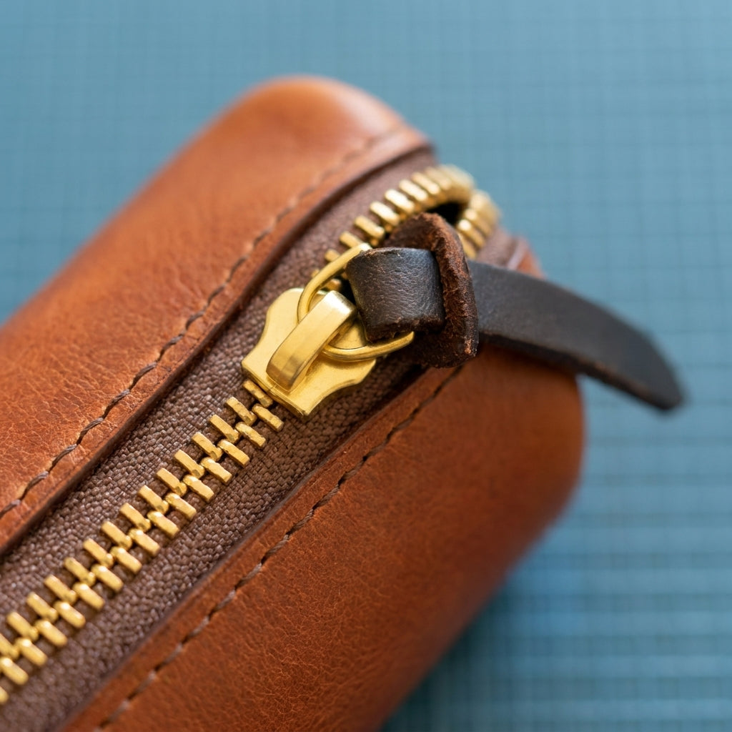 Close-up of a brown leather zippered pouch with a gold-tone zipper and pull tab, set against a textured blue background.